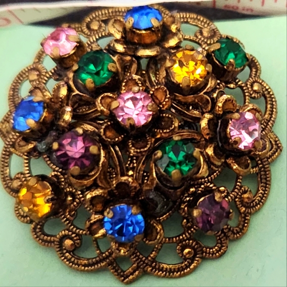 West Germany gold tone filigree multi color gorgeous brooch w matching earrings! - Picture 11 of 16